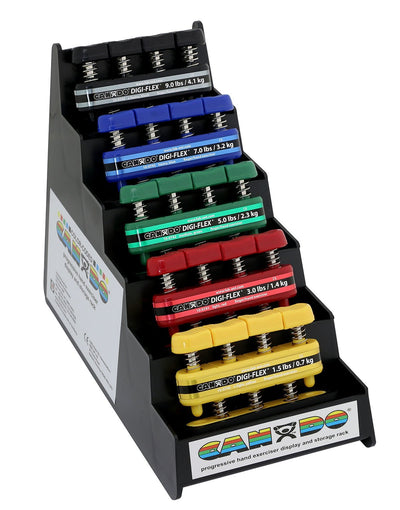 CanDo® Digi-Flex® hand exerciser - set of 5 (yellow, red, green, blue, black), with plastic rack - US MED REHAB
